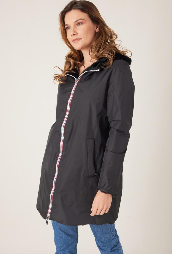 Parka longue réversible Aliona fausse fourrure noir, .